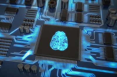 Photo of a computer CPU with an illustration of a human brain on it, illustrating the rising prevalence of Artificial Intelligence in employee workflows.