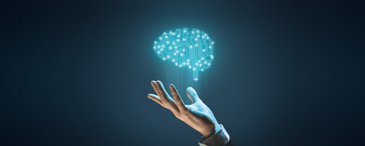 Photo of a human hand projecting a computer-generated brain, illustrating harnessing and preparing employees for working with artificial intelligence